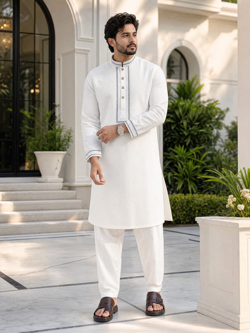 Premium Men's White Textured Panjabi